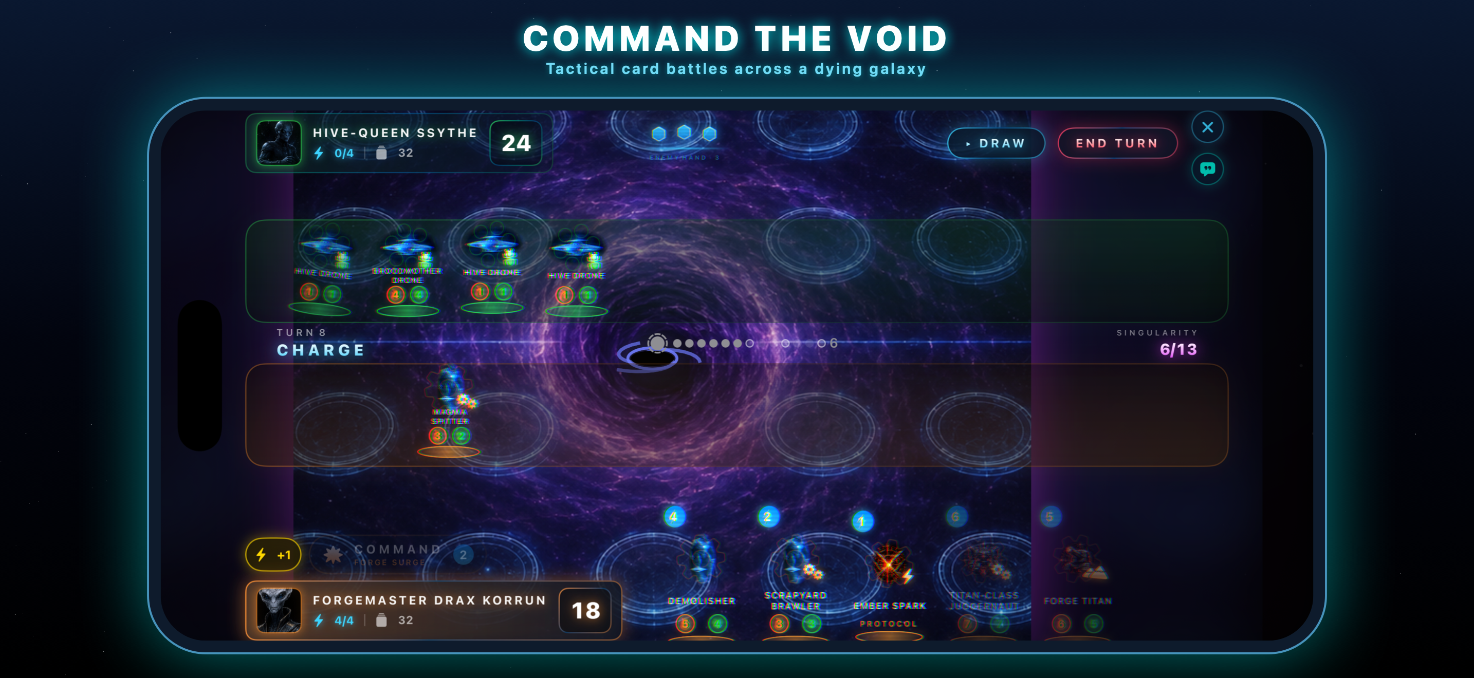 Astral Void gameplay — the Kethari swarm battles the Ferrum war machine across a collapsing galaxy