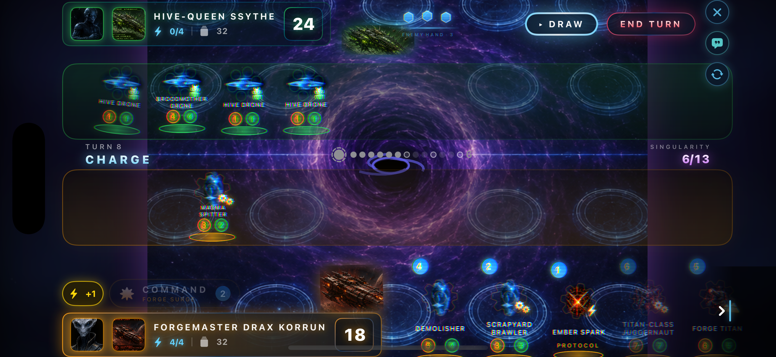 An Astral Void match in progress: hull 24 against 18, Singularity at 6 of 13