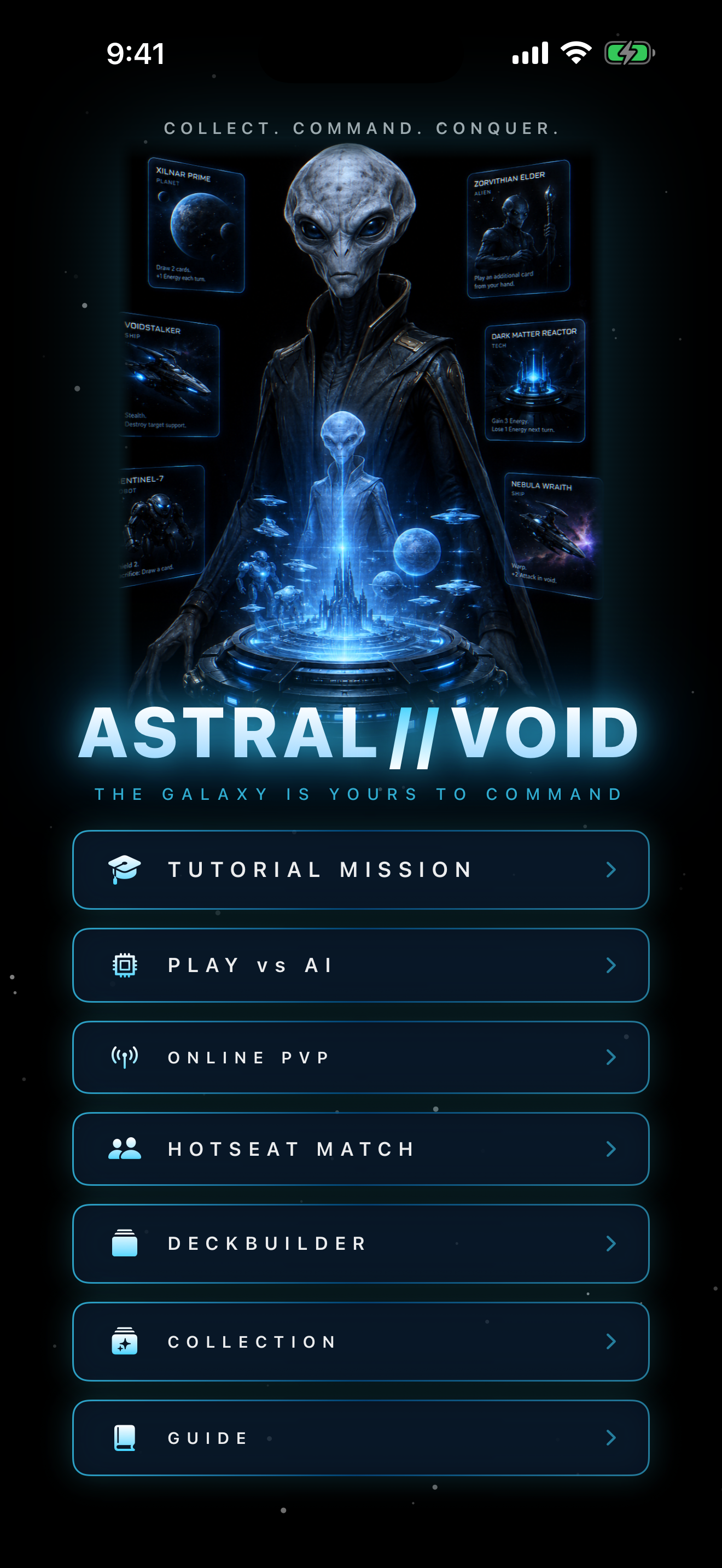 Astral Void main menu with the Overseer hero hologram