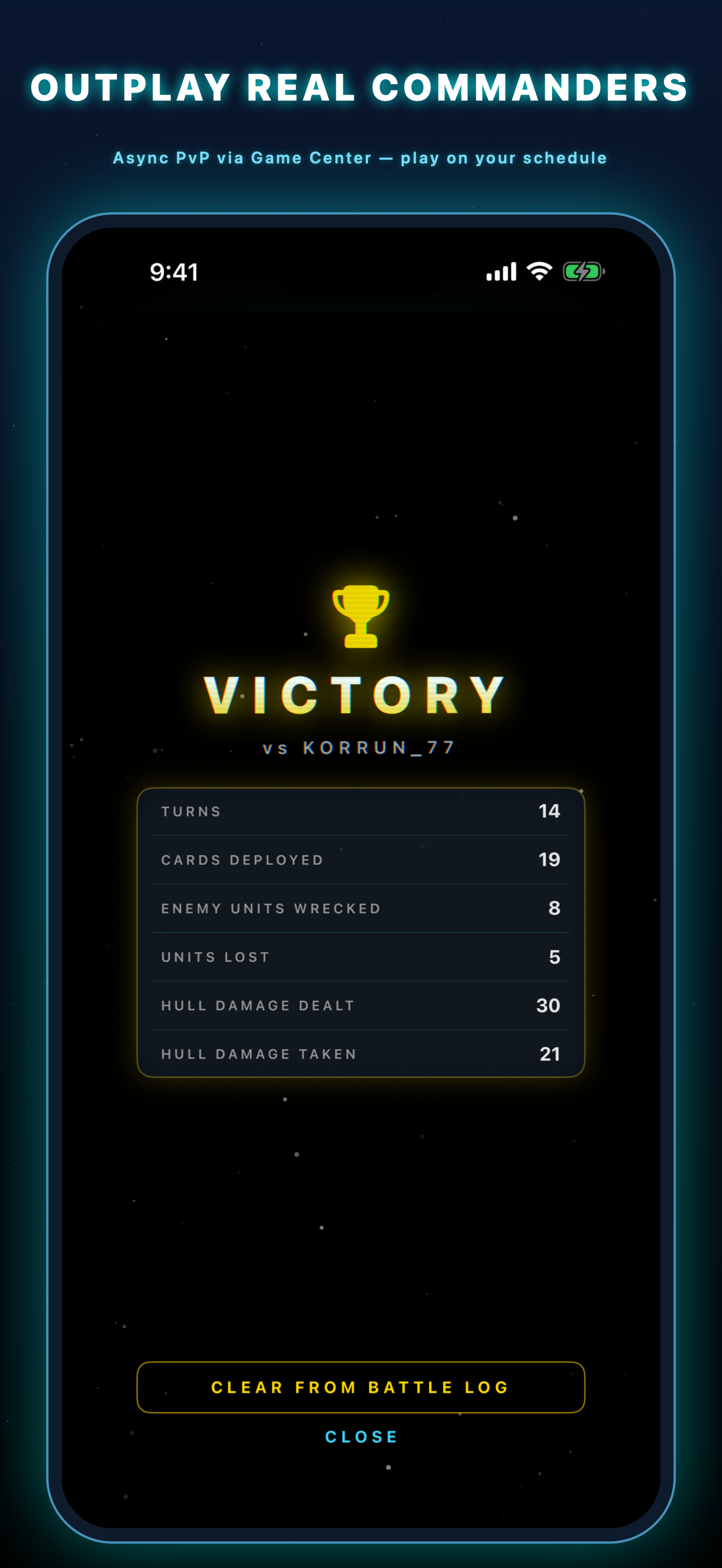 Victory screen showing the async PvP battle report with match statistics